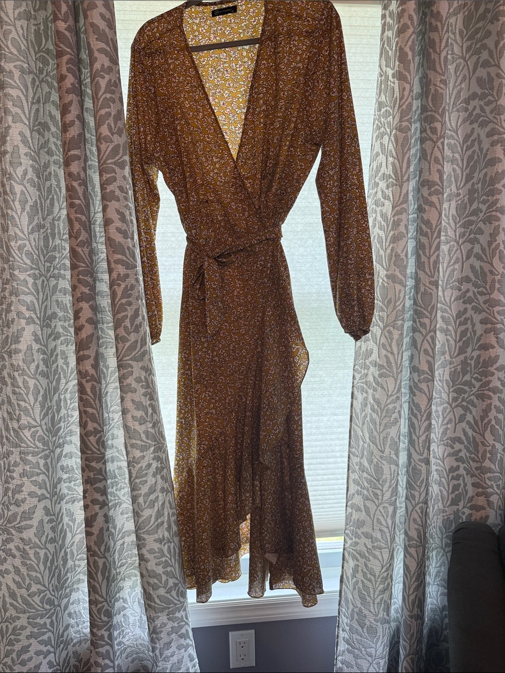 Rust Brown Floral Long-Sleeve Wrap Dress with Tie Waist